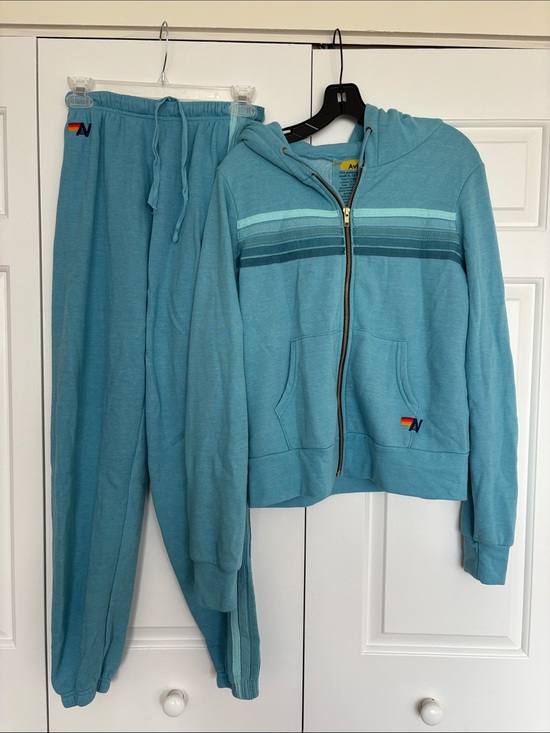 Aviator Nation Tops - Aviator Nation Teal Zip Hoodie & Jogger Set with Stripe Detail